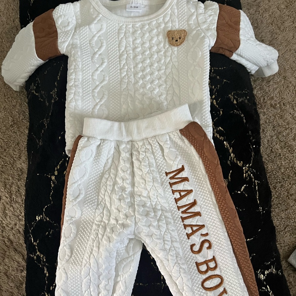 Baby boy White and Brown Cable Knit Outfit